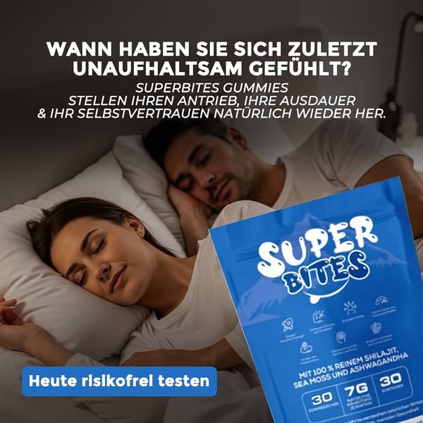 A square 1:1 image featuring a sleeping couple as a background hook, overlaid with product benefits for Superbites Gummies to address vitality and energy.
